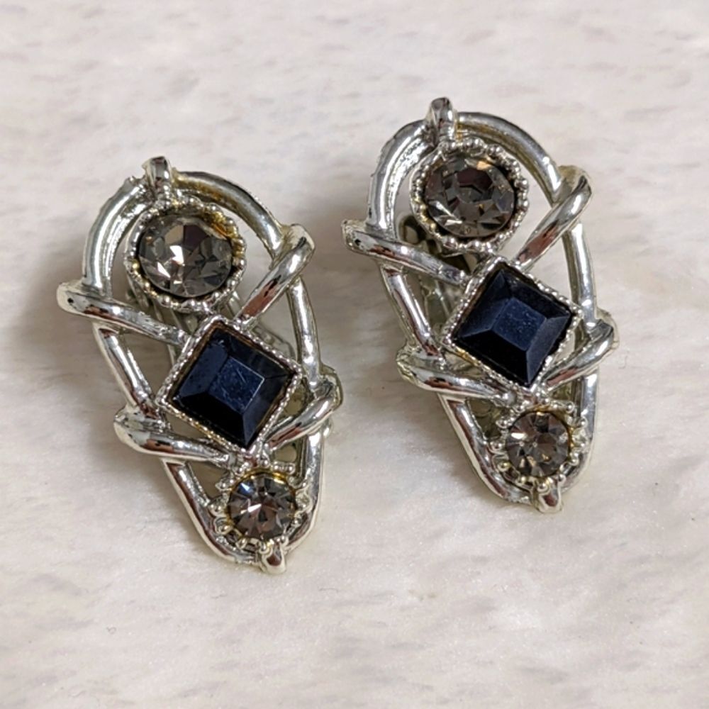 Vintage Silvertone w/ Black & Smokey Grey Rhinestone Clip Earrings